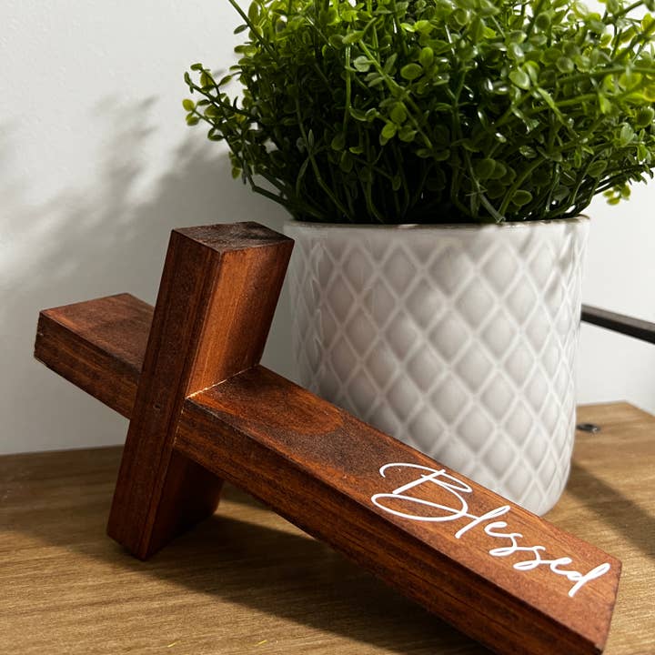 Script Blessed Wood Cross for wholesale by Bridget Jane