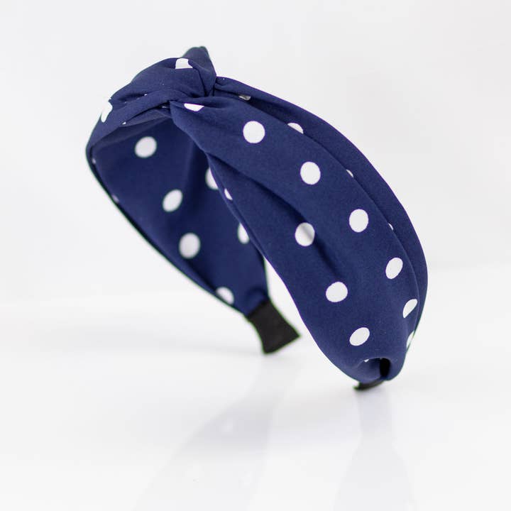 Polka Dot Twisted Headband Navy/White One Size for wholesale by The Royal Standard