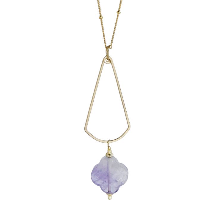 Lilac Clover Gemstone Pendant Long Drop Gold Necklace for wholesale by Freshie & Zero