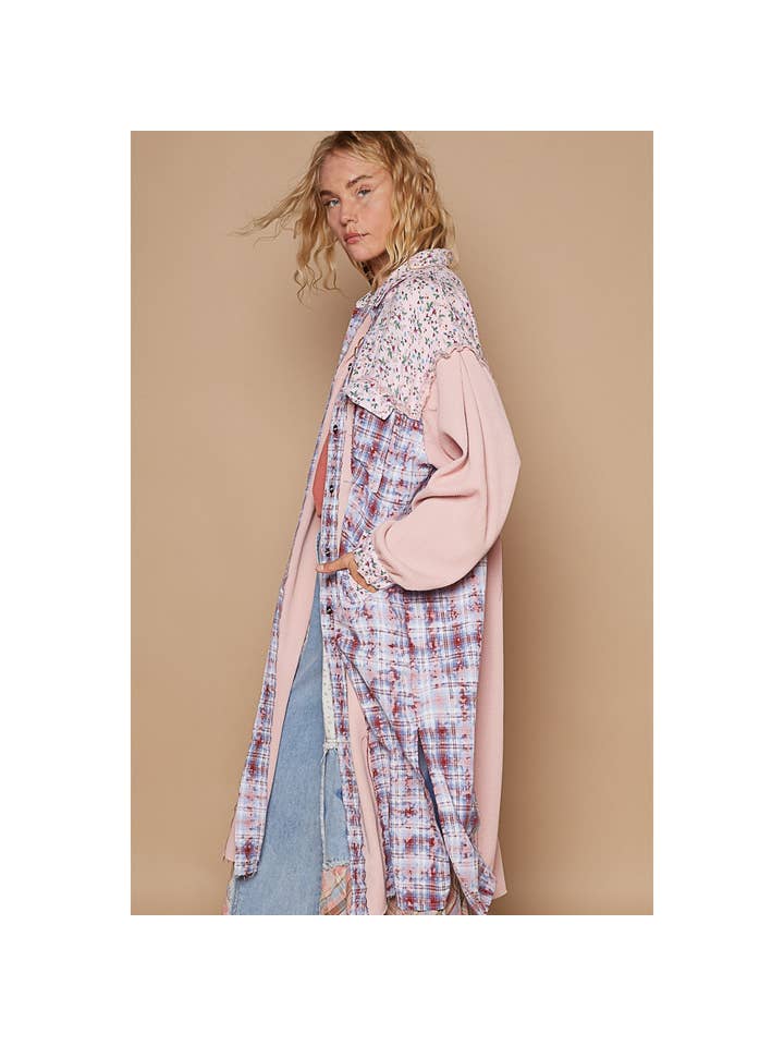 Pol Clothing - Wholesale Shirt Jacket/Shacket - Women's - Balloon sleeve plaid floral contrast long placket jacket