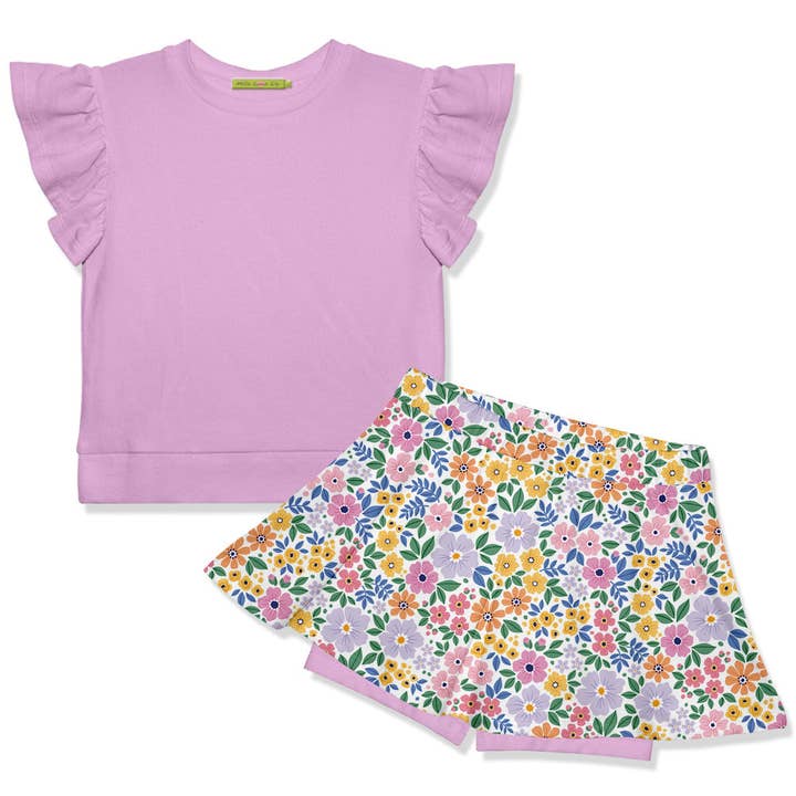 Kids Lilac Fr Terry Top & Spring Bouquet Skort for wholesale by Millie Loves Lily