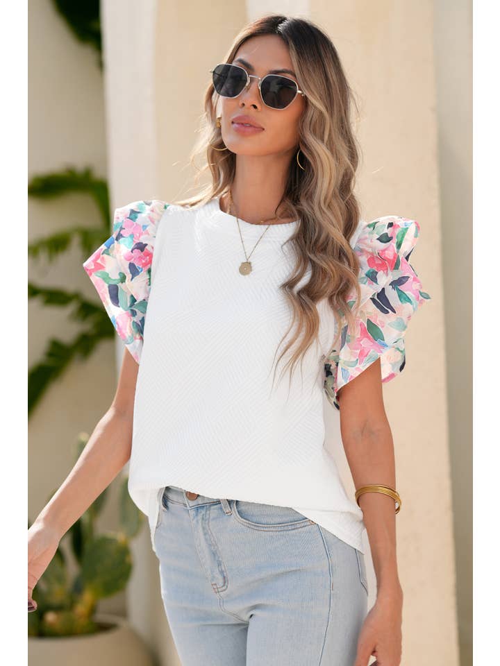 White LDC Abstract Print Tiered Ruffled Sleeve Textured Knit Top for wholesale on Faire