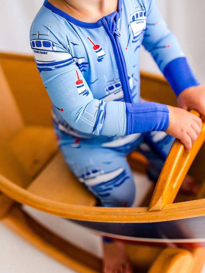 ⚓ Keith- Maine Watercolor Lobster Boat Zippy Romper for wholesale by Bailey Baby Co.