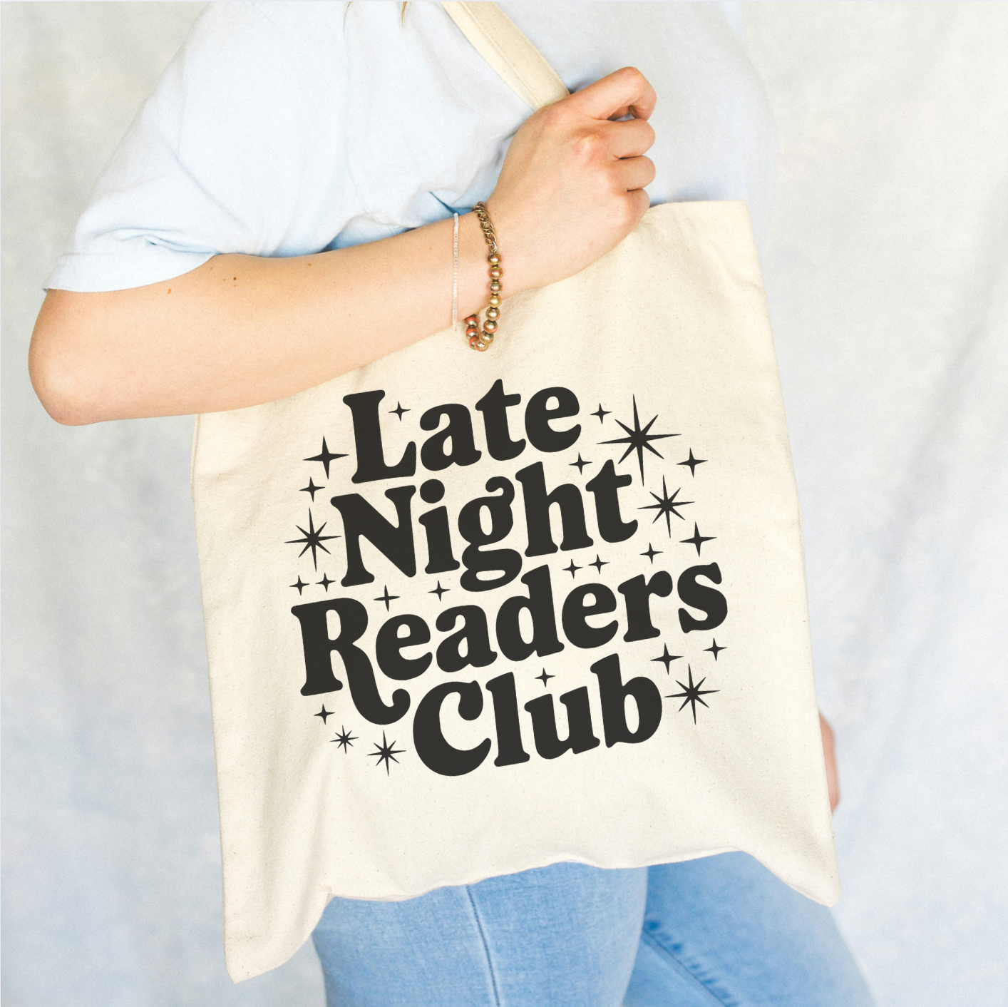Natural Late Night Readers Club Tote Bag for wholesale on Faire0