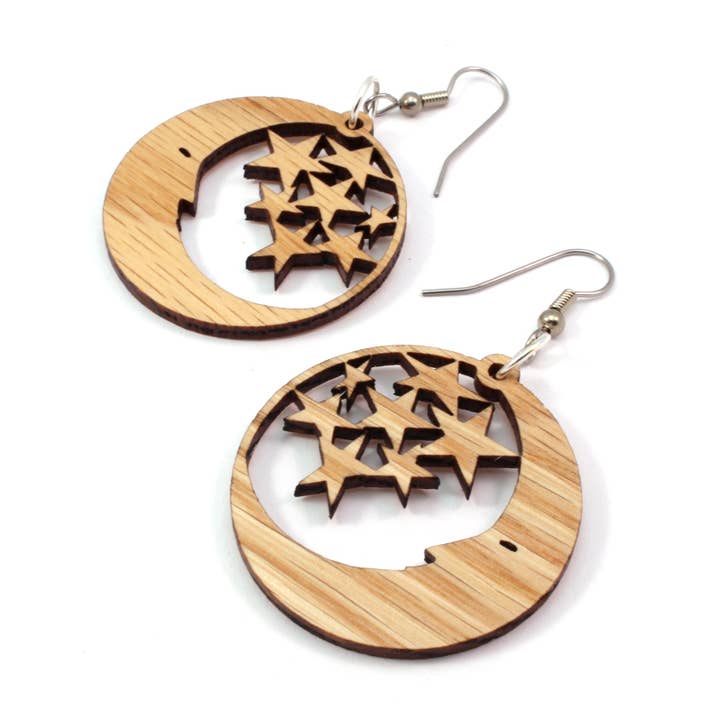 Moon and Stars Wooden Hook Earrings for wholesale by Ear Emporium