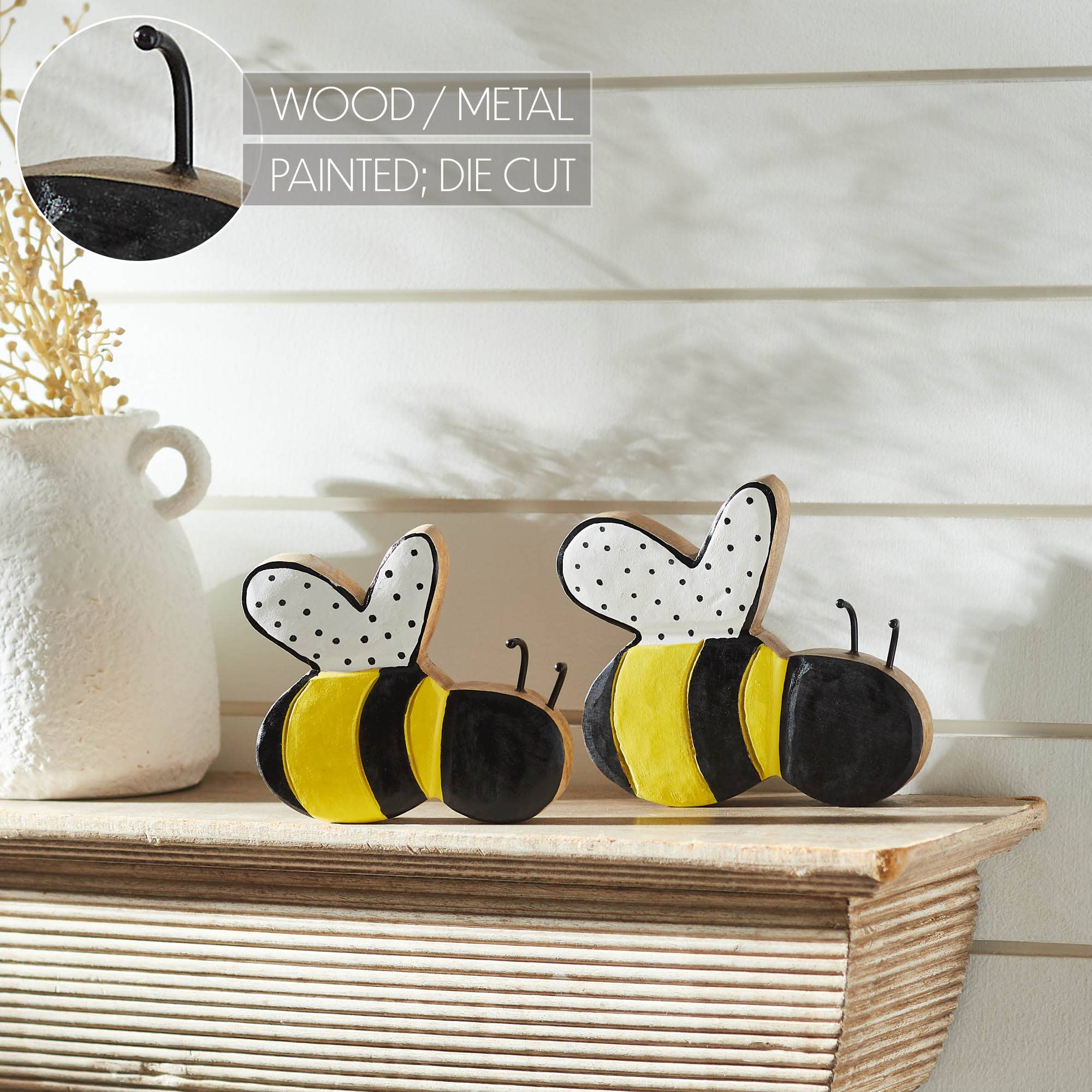 VHC Brands - Vente Décorations de table - Lot de 2 tailles d'abeilles en bois peint Buzzy Bees5