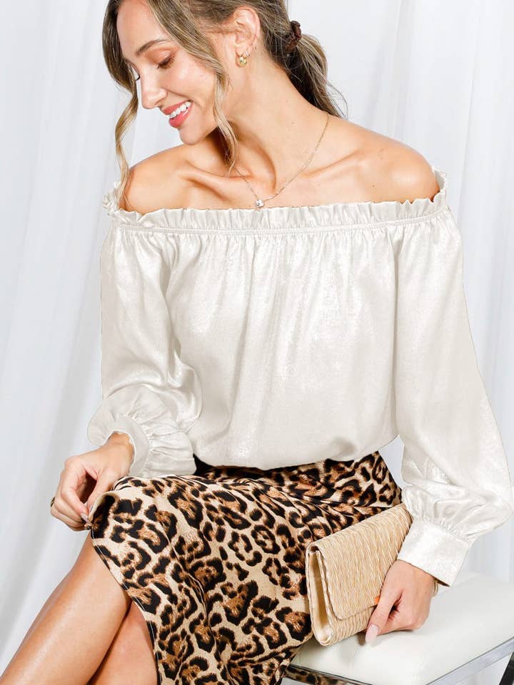 Off The Shoulder Metallic Woven Blouse Top VT82577 for wholesale by Vine & Love