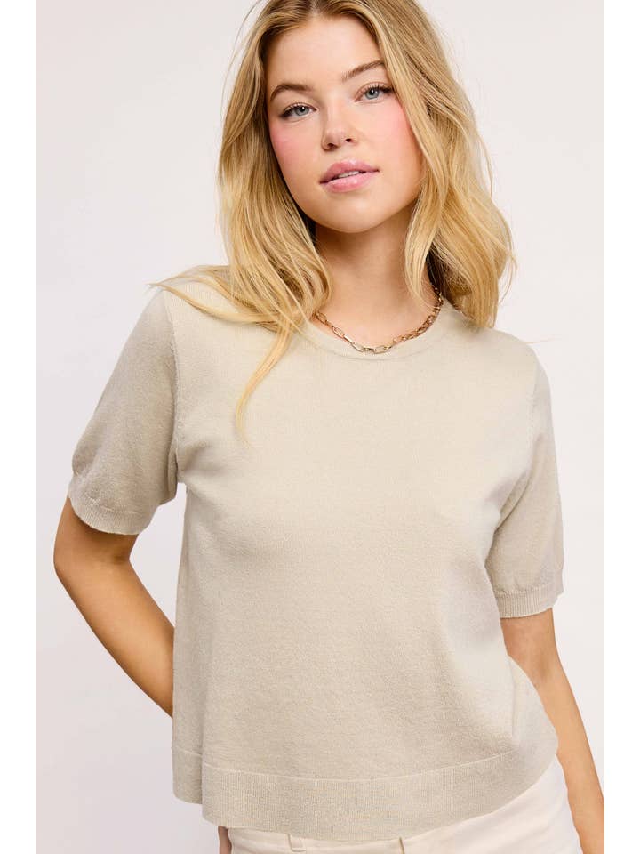La Miel - Wholesale Knit Sweater - Women's - MCS3600-Soft Short Puffy Sleeve Basic Stretchy Knit Top