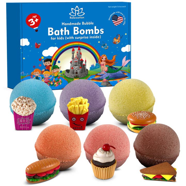 Relaxcation – wholesale Bath bomb/fizz – 6 Bath Bombs For Kids With Fast Food Toys Inside Each Bomb Perfect Gift Set 5 oz Large Bath Fizzies W/ Fun Bubble Effect For Boys and Girls