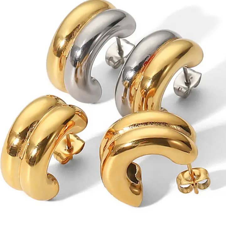 HoopLa - Wholesale Hoop Earrings - Puffy Double Hoop Earring- steel Gold HuggieÂ