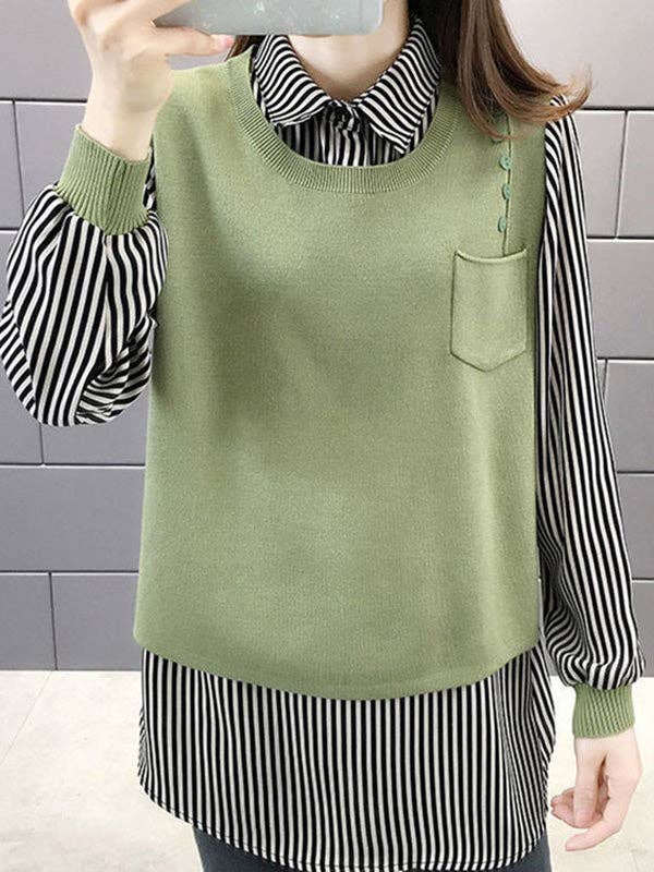 ShieldChic - Wholesale Knit Sweater - Women's - Original Loose Split-Joint 5 Colors Striped Round-Neck Long Sleeves False Two Sweater Top7