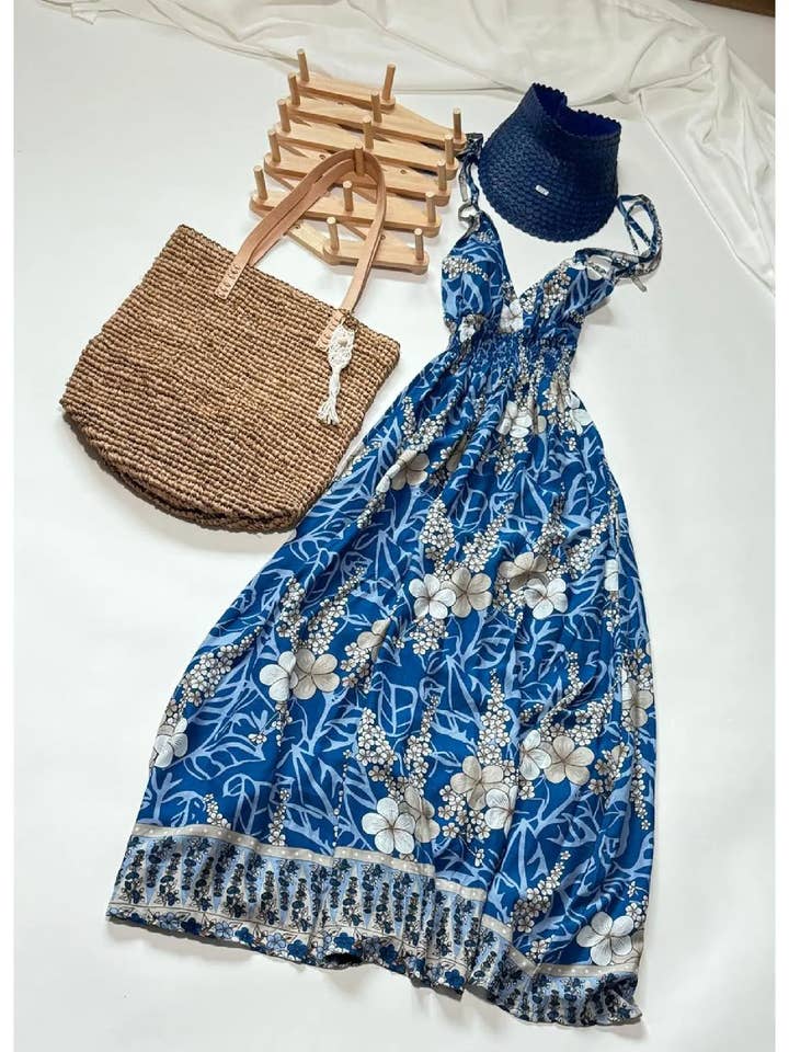 Conjunto Boho de Verano: Bolso de Rafia, Visera de Palma, Vestido Maxi Floral para venta al por mayor de Crafts Love Dreams