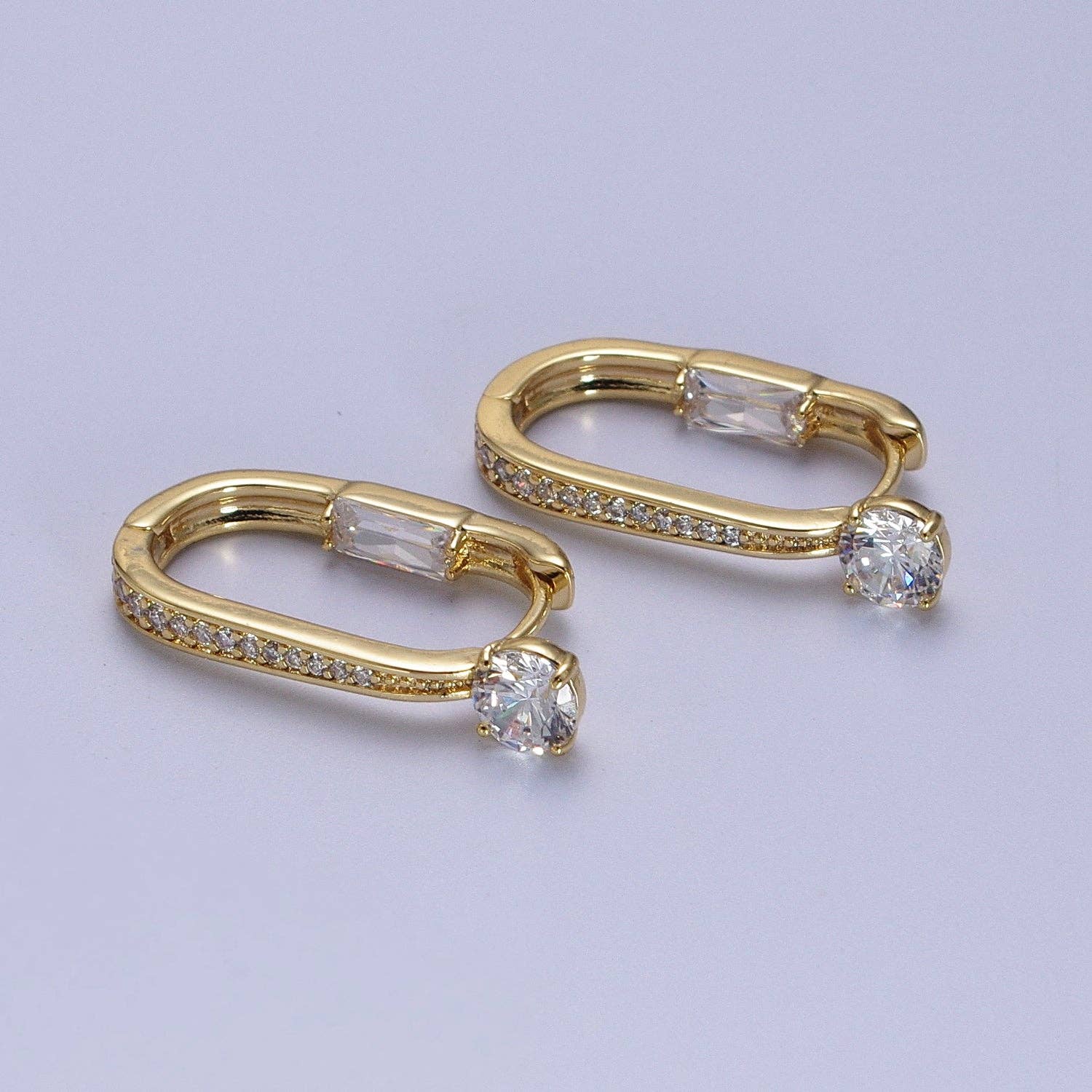 Aim Eternal - Wholesale Huggie Earrings - 14K Gold Filled Micro Paved Round Baguette CZ Two Sided Oblong Huggie Earrings | V0210
