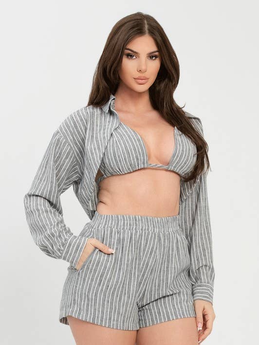 Gestreiftes BH-Top mit Bluse und Shorts-Set für den Großhandel von New Trend On