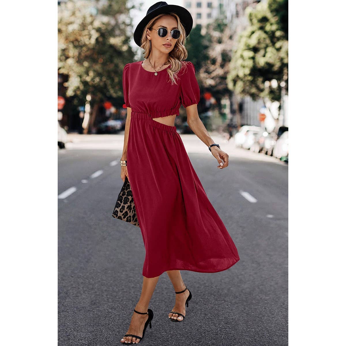 Elings - Wholesale Dress - Women's - Solid Round Neck Cutout Waist A Line Midi Dress6
