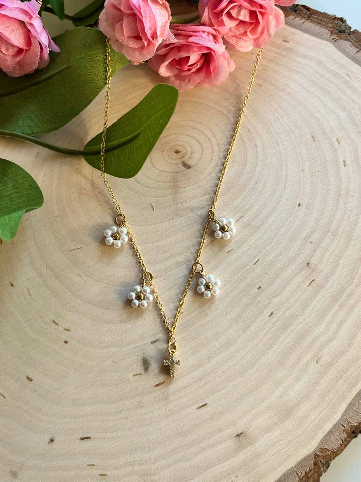 Gold Daisy Cross Necklace – 16K Christian Jewelry for wholesale by Saved By Christ Design