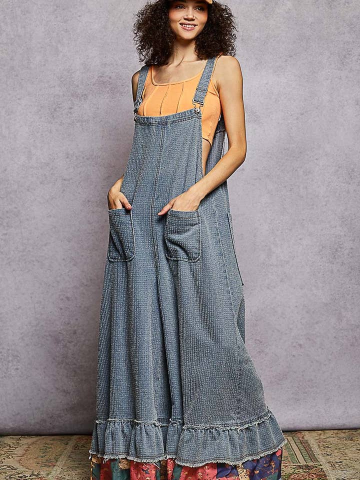 Sleeveless Textured Denim Contrast Ruffle Woven Overalls for wholesale by Pol Clothing