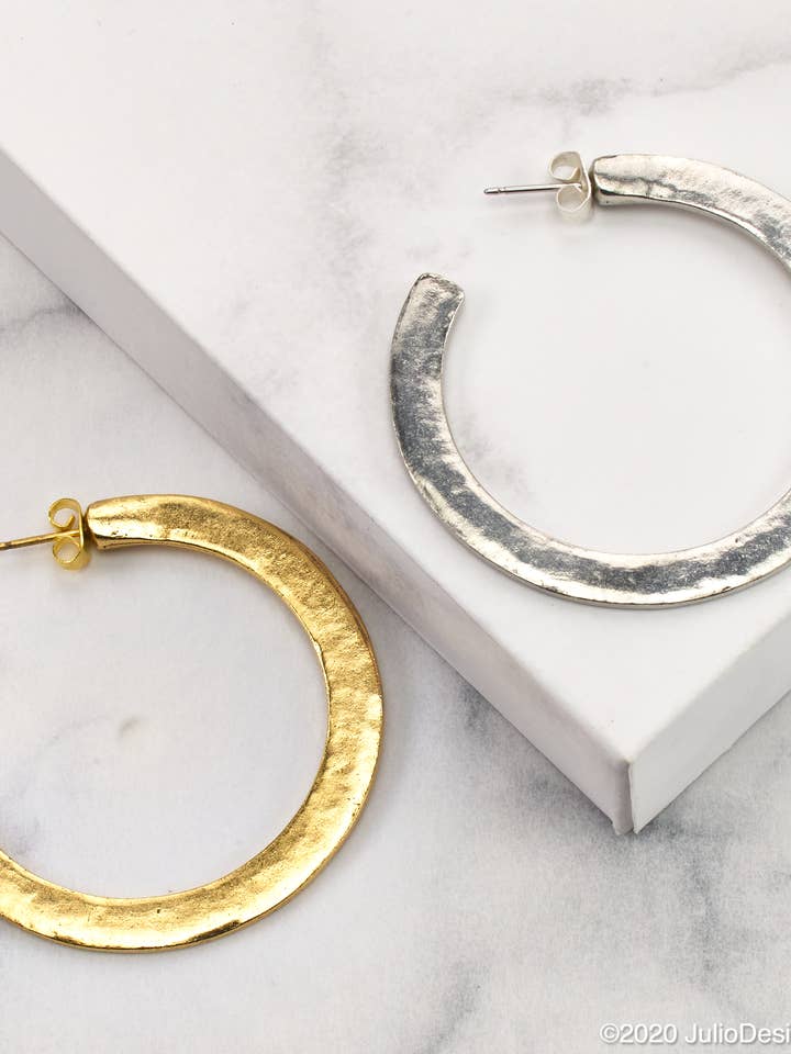 ER504 Hammered Knife Edge Post Hoop Earring 2" Diameter for wholesale by Julio Designs