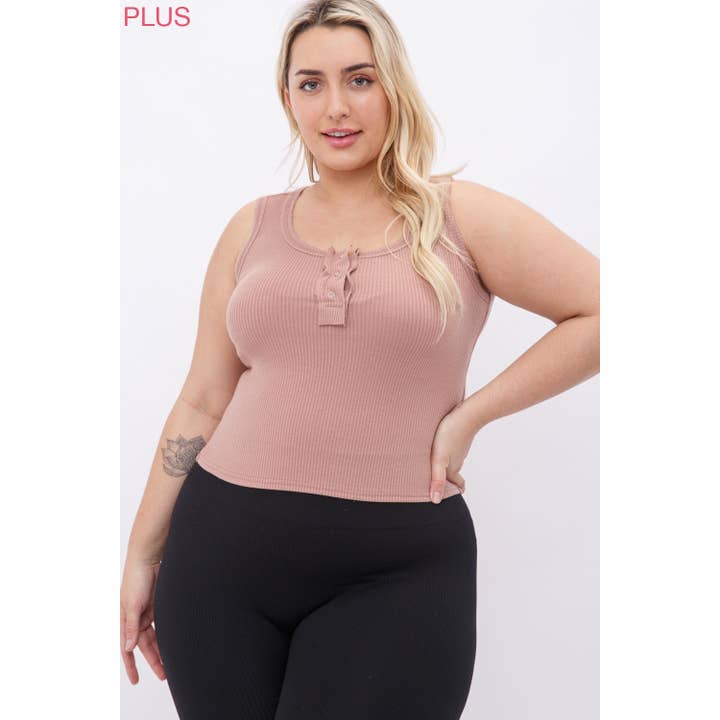 Sweet Generis - Wholesale Tanktop - Dames - PLUS GERIBBELDE HENLEY TANKTOP MET DRUKKNOPEN - Citroenkleur9