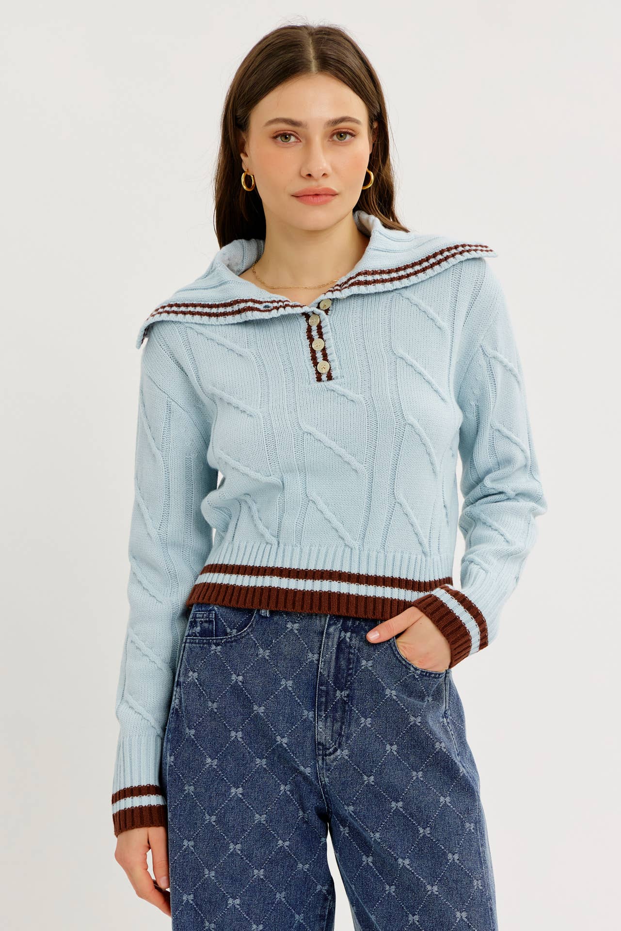 idem ditto - Wholesale Knit Sweater - Women's - PREPPY NOSTALGIA STRIPED COLLAR CABLE KNIT SWEATER2