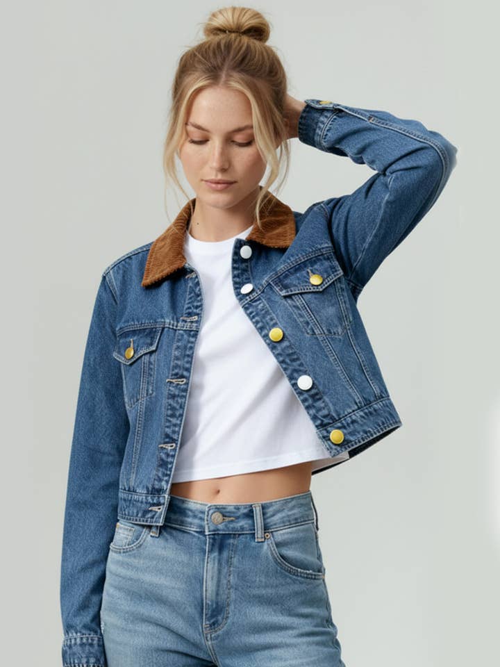 CORDUROY COLLAR BUTTON DOWN DENIM JACKET for wholesale by Kori America