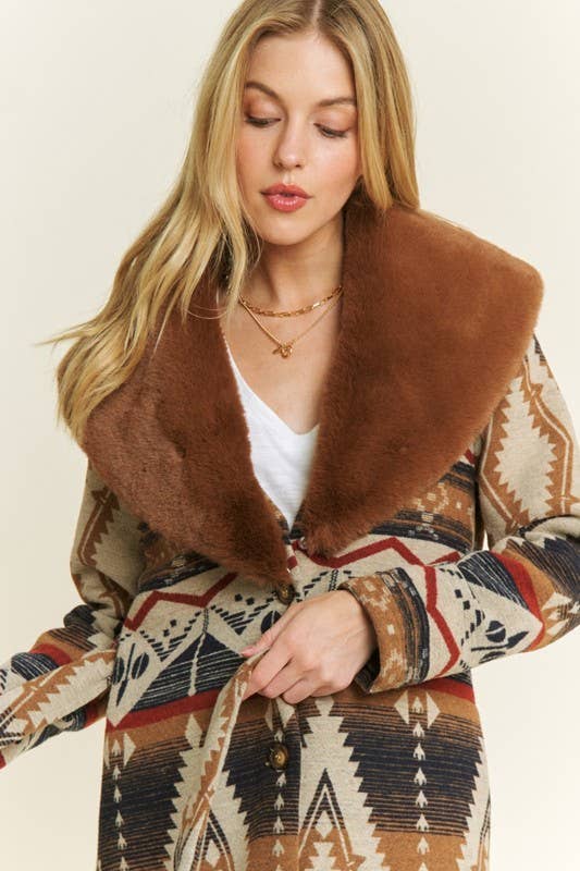 Pink Irene Wholesale – wholesale Jacket – Women's – AZTEC JACKET SHACKET WITH CONTRAST FUR SHOWL COLLA13