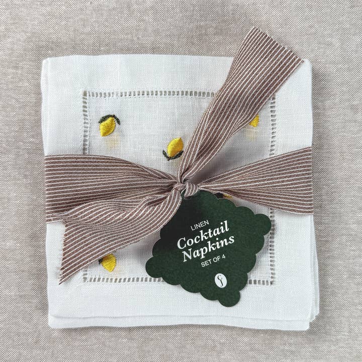 Lemon Embroidered Cocktail Napkin Set for wholesale by Casey Jo Paper Co.