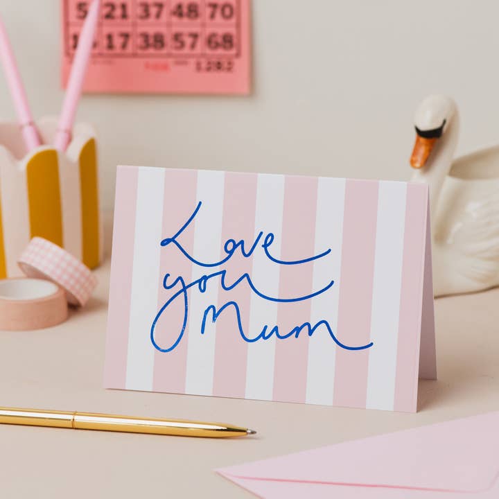 'Love You Mum' Pink Stripe Blue Foil Mother's Day Card for wholesale by Oh Squirrel