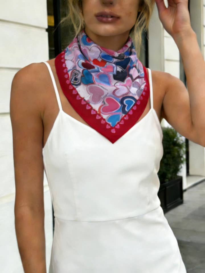 J-133 Small square scarf with large colorful heart pattern for wholesale by LINETA