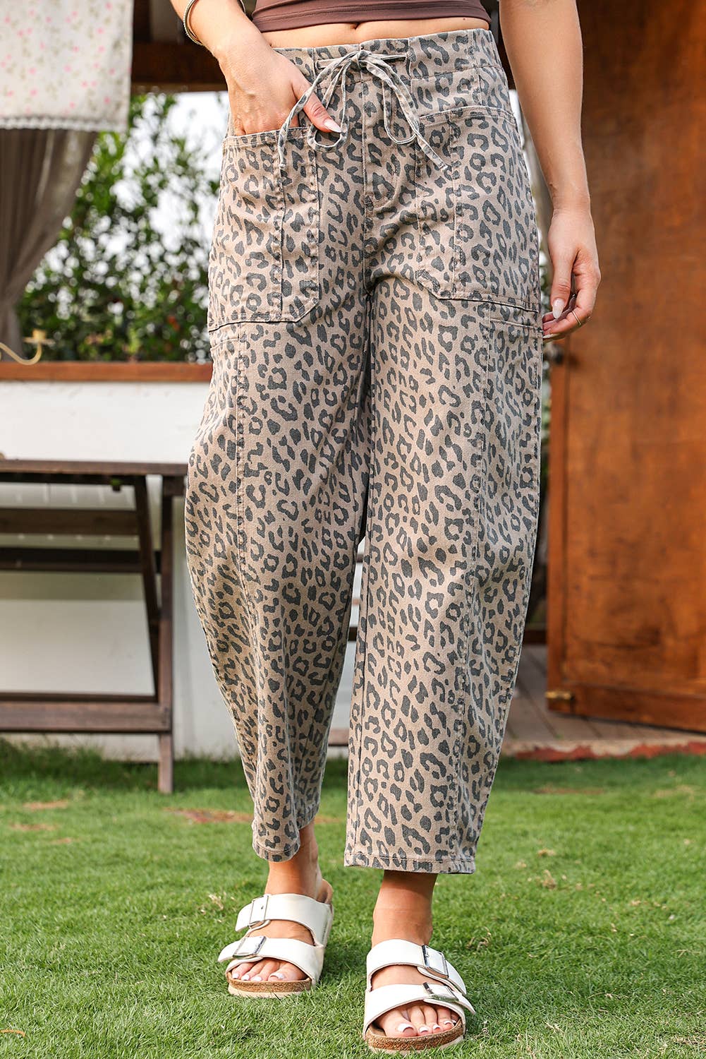 As shown Fashion-W Leopard Drawstring Waist Pocketed Wide Leg Jeans for wholesale on Faire7