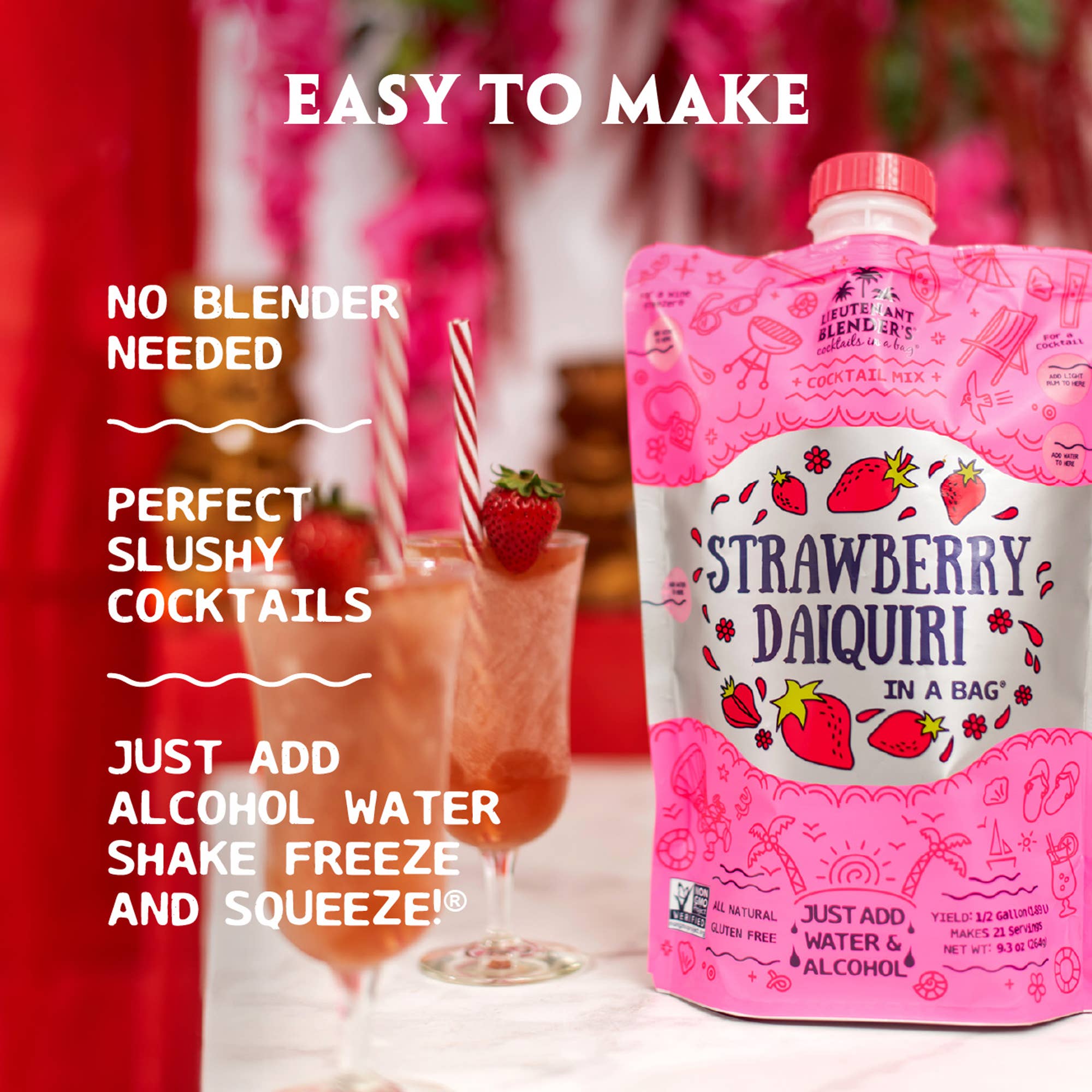Lieutenant Blender's Cocktail Mixes - Wholesale Cocktail Mix/Syrup - Strawberry Daiquiri in a Bag Cocktail/Mocktail Slushie Mixer2