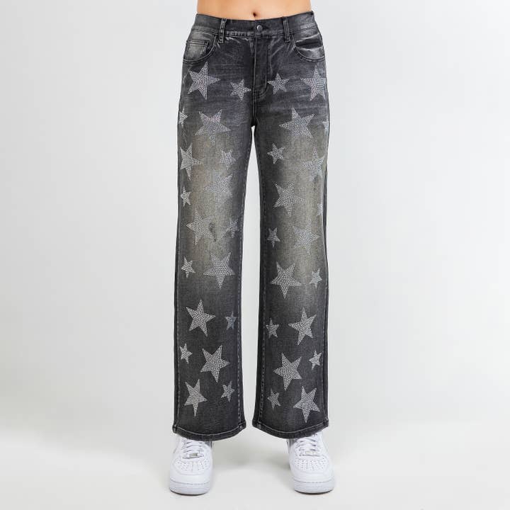 STAR PATTERN RHINESTONE WIDE LEG JEANS-RJH21206 for wholesale by American Bazi