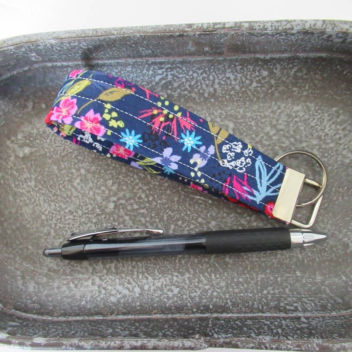 Wrist Lanyard, Fabric Wristlet Keychain, Navy Key Fob, Gift for Coworker, Keychain Wristlet, Floral Key Fob, Spring Key Fob, Floral Wristlet for wholesale by Thread and Purls