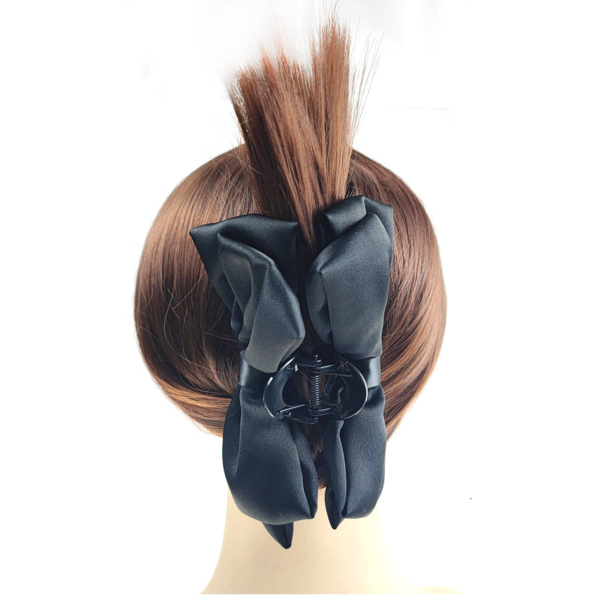 BLACK 5 Inches Satin Plain Bow Clip  HC4112-24 (12PC) for wholesale on Faire1