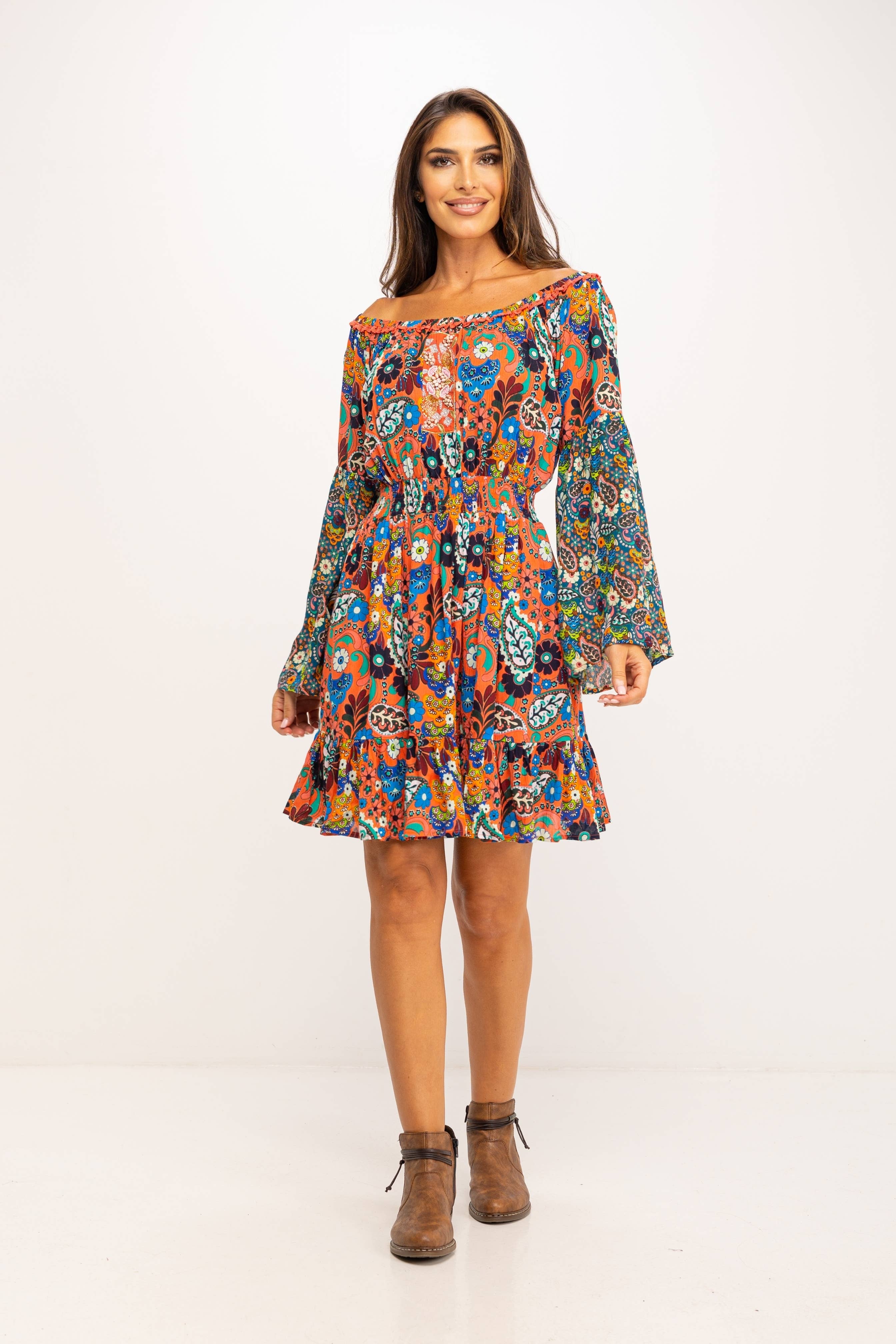 Peace & Love (CALAO IMPORT EXPORT S.L.) – Engroshandel Kjole - Dame – Kjole PR1145V med elastisk krave og kant, klokkeærmer med decors i 100% viskose3