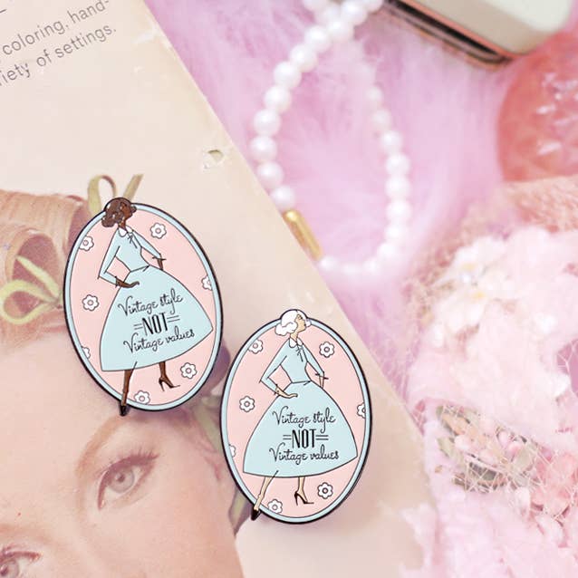 Vintage style, not vintage values enamel lapel pin for wholesale by Kate Gabrielle