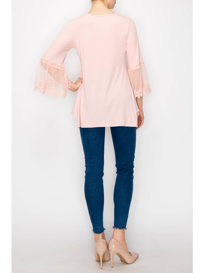 Origami Apparel ~ Lace and Crochet inspired - Wholesale Tunic - Women's - TUNIC TOP WITH LACE SLEEVE TRIMMINGS-4480PINK
