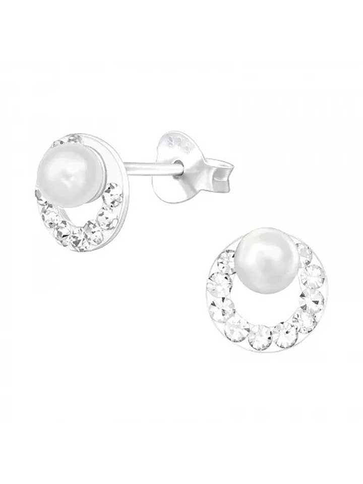 Sterling Silver Round Stud Earrings & Pearl and Crystal - SS for wholesale by Zoey Simmons