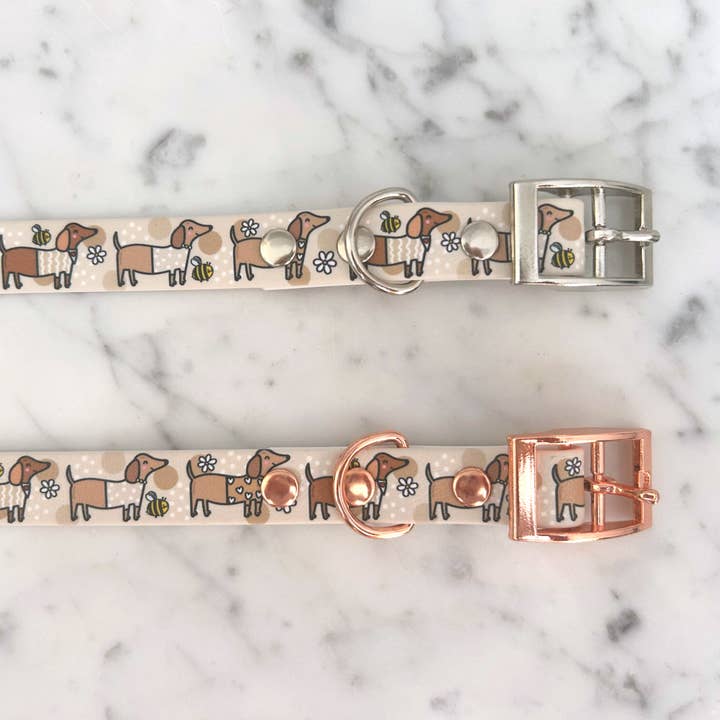 Puppies & Pom Poms - Wholesale Pet Collar - Dog - Bee Happy Dachshunds Beige Handmade Dog Collar8