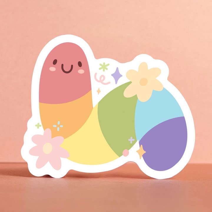 Ver de l'arc-en-ciel : Autocollants en vinyle découpés brillants pour la vente par Ouri Studio