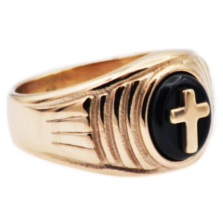 Men's Onyx And Rose Stainless Steel Cross Ring for wholesale by Blackjack Mens Jewelry