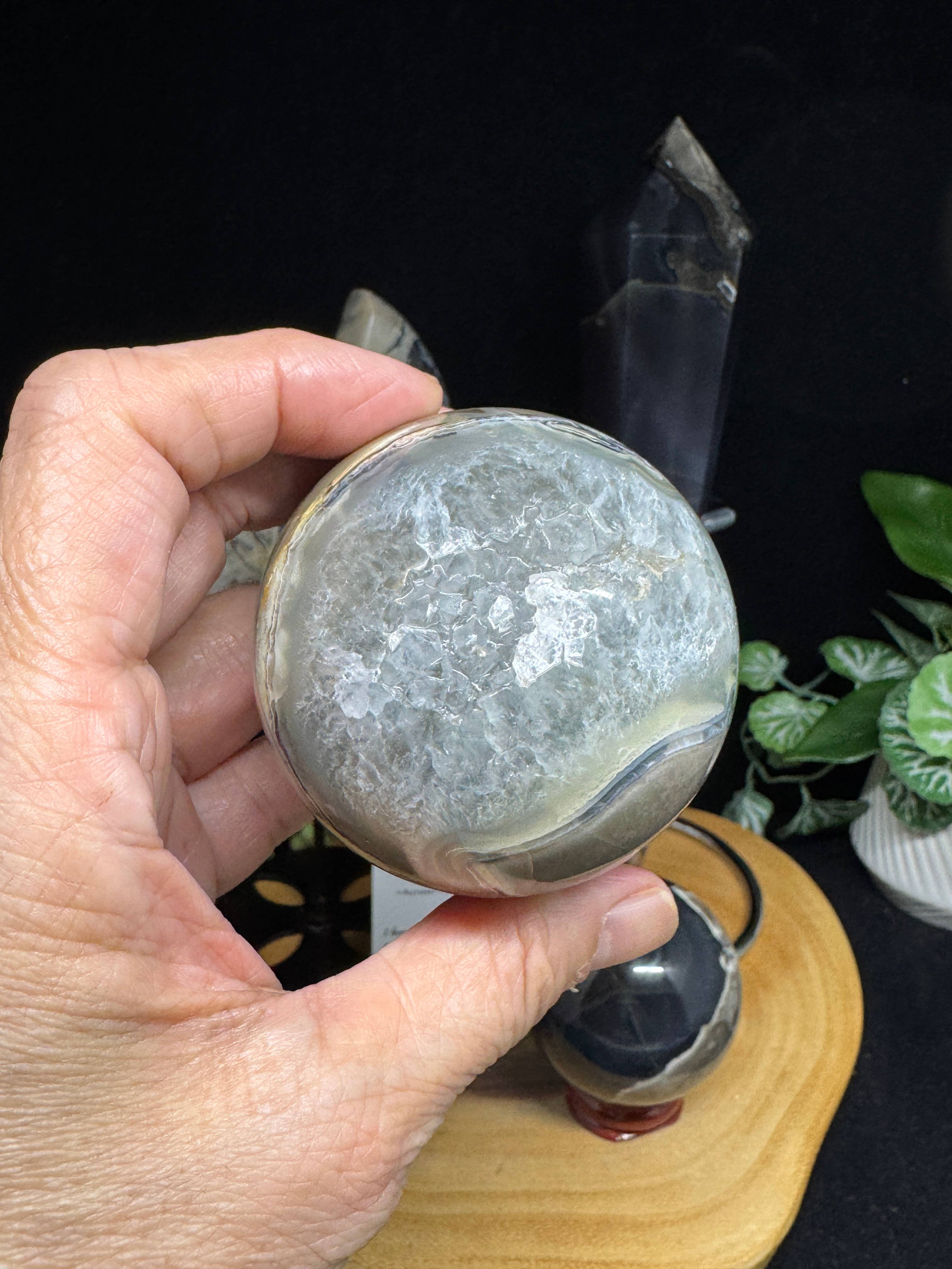 The 7 Directions - Wholesale Spiritual Stone/Crystal - 4 pc UV reactive Volcanic agate sphere wand moon bundle G7193