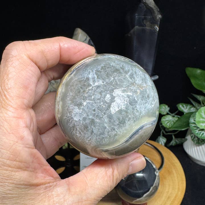 The 7 Directions - Wholesale Spiritual Stone/Crystal - 4 pc UV reactive Volcanic agate sphere wand moon bundle G7193