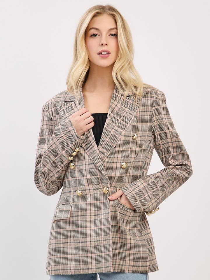 Plaid Print Long Sleeve Double Button Blazer HK3259-PINK for wholesale by B I G H I T Fashion