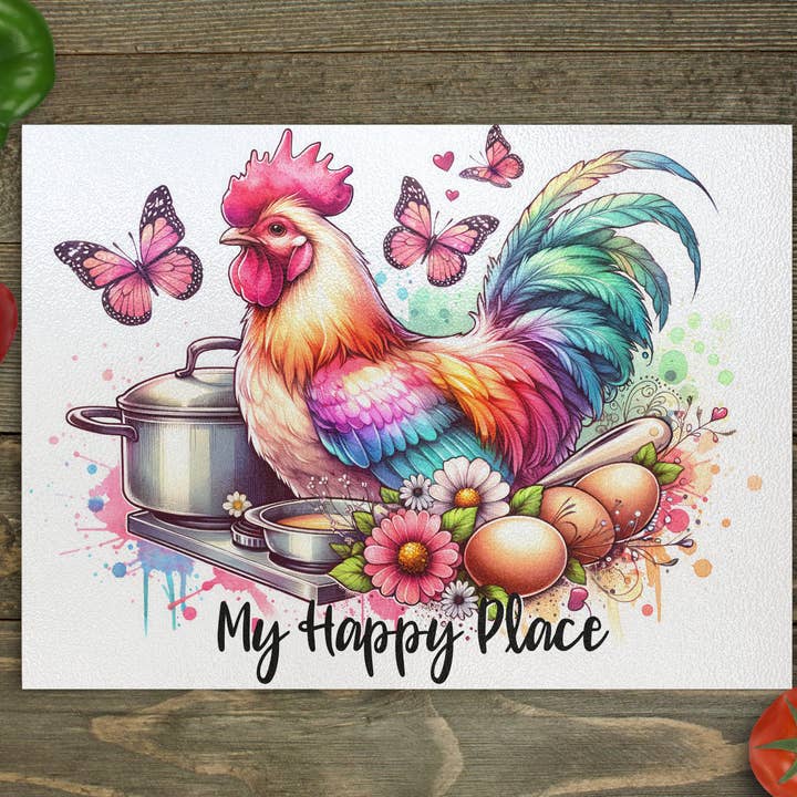 Tabua de Corte de Vidro Galo My Happy Place por atacado de Beautiful Creations by Laney