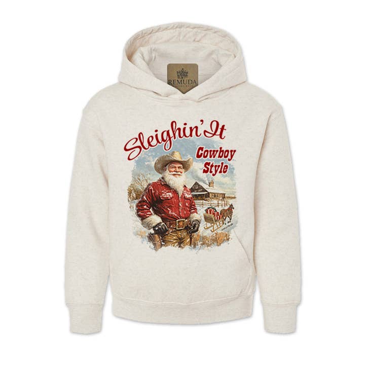 Sleighin It Cowboy Style - Youth Western Santa Pullover Hoodie for wholesale by Remuda Western Wear