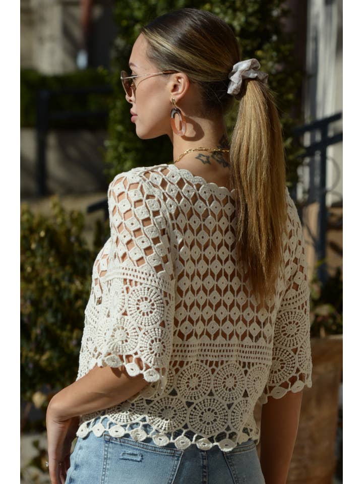 ESLEY - Wholesale Blouse - Women's - 54477TQLY- Lace Cutout Round Neck Half Sleeves Top4