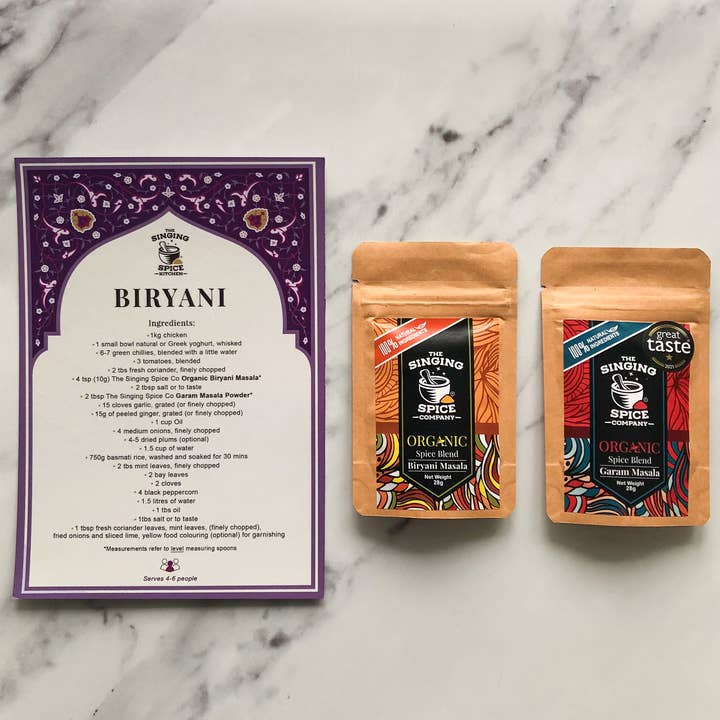 Organic Biryani Masala Blend and Garam Masala Blend With Biryani Recipe Card for wholesale by The Singing Spice Co