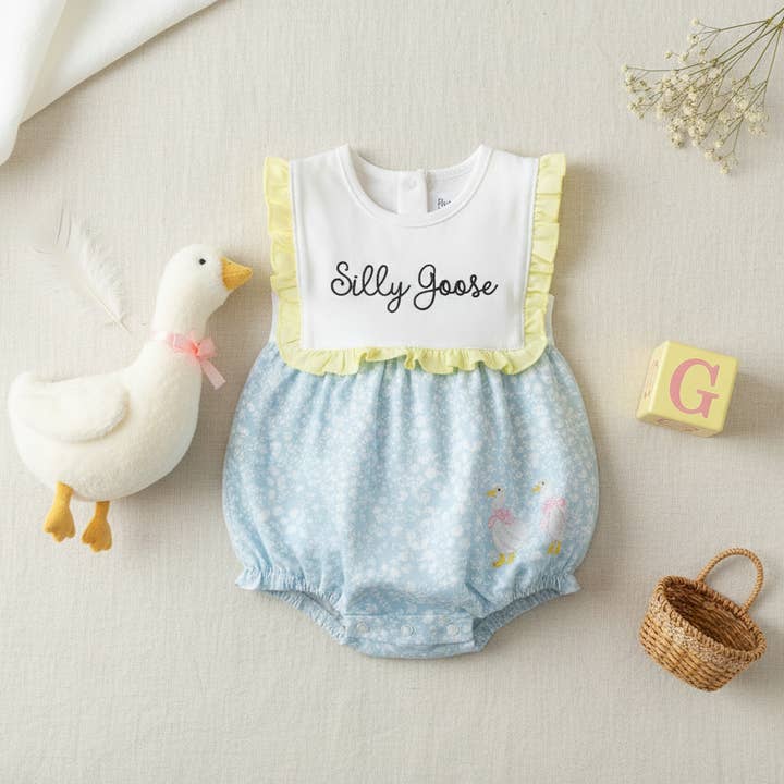 Silly Goose embroidered bubble romper for wholesale by Bow Beau Poppy