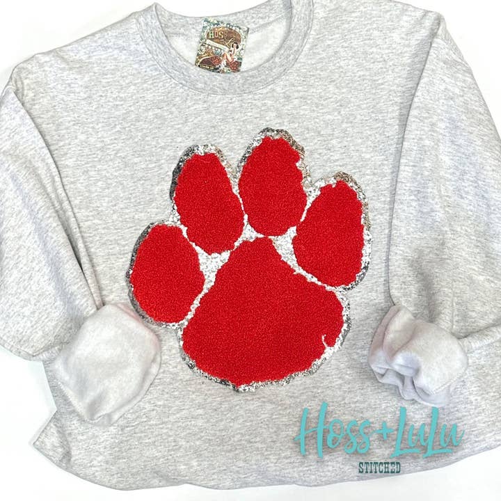 Chenille Large RED Paw patch, Silver Glitter for wholesale by Stitched Originals